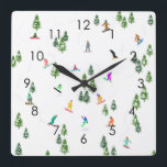 Relógio Quadrado Ilustração do Freeride Snowboarder Snowboard<br><div class="desc">Arte legal de ilustração branca de snowboarders coloridos, descida de snowboard em montanhas entre pinheiros, spruce, árvores de abeto sobre pó fresco de neve. Snowboard e xmas esporte ao ar livre numa floresta de inverno. Dons do Snowboarder. Decoração de Natal de Snowboard.</div>
