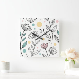 Relógio Quadrado Ilustração Floral Minimalista com Pontos de Pastel