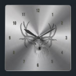 Relógio Quadrado Ilustração Metálica De Aço Inoxidável E De Cerveja<br><div class="desc">As cinzas prateadas de aço inoxidável design metálico brilhante parecem algarismos pretos com ilustração da cabeça de cera preta. O aspecto metálico é uma ilusão digital e não um brilho metálico real.</div>