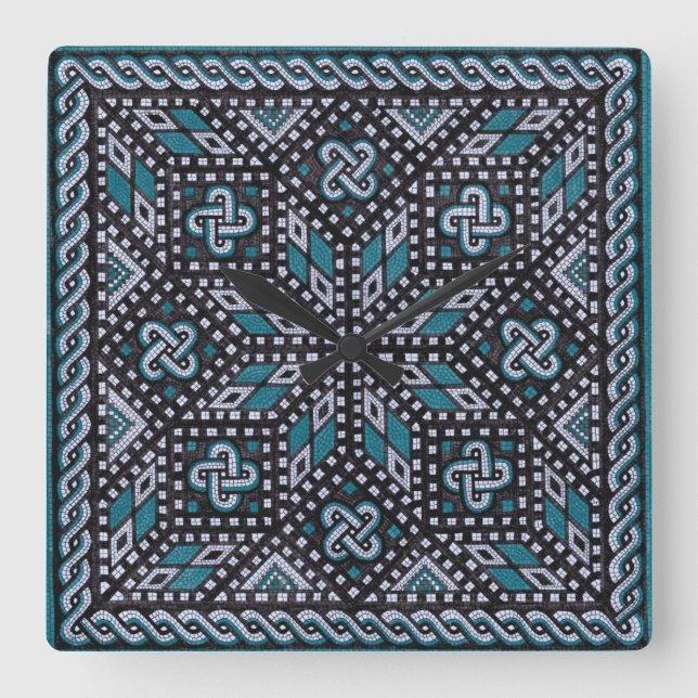 Relógio Quadrado Ilustração mosaica cinza preta e azul Matisse (Frente)