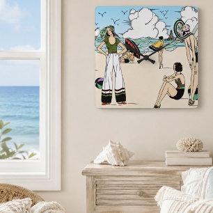 Relógio Quadrado Ilustração Vintage Art Deco da Praia Anos 20 Costa