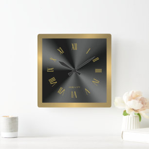 Relógio Quadrado Imagem de Aço Inoxidável Preto e Dourado e Metálic