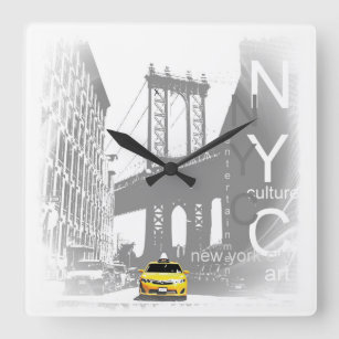 Relógio Quadrado Imagem de Pop de Arte da Ponte de Táxi Amarelo Nyc