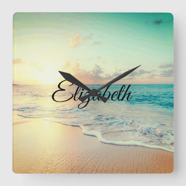 Relógio Quadrado Imagem de uma praia no Travesseiro lombar Sunrise (Frente)
