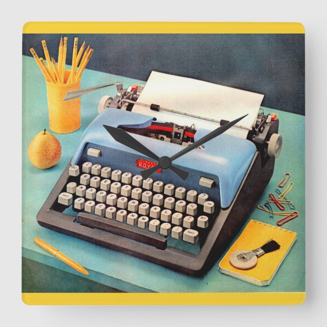 Relógio Quadrado Imagem e máquina de escrever dos anos 50 (Frente)