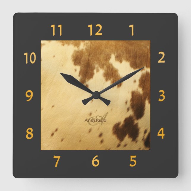 Relógio Quadrado Impressão bege chique rústico da pele do couro de (Frente)