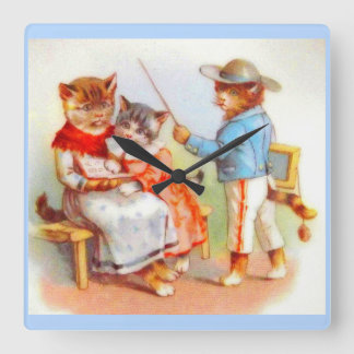 Relógio Quadrado Impressão da família de gatinhos vestidos vitorian