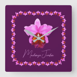 Relógio Quadrado Impressão da Orquídea Cattleya Personalizada