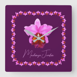 Relógio Quadrado Impressão da Orquídea Cattleya Personalizada