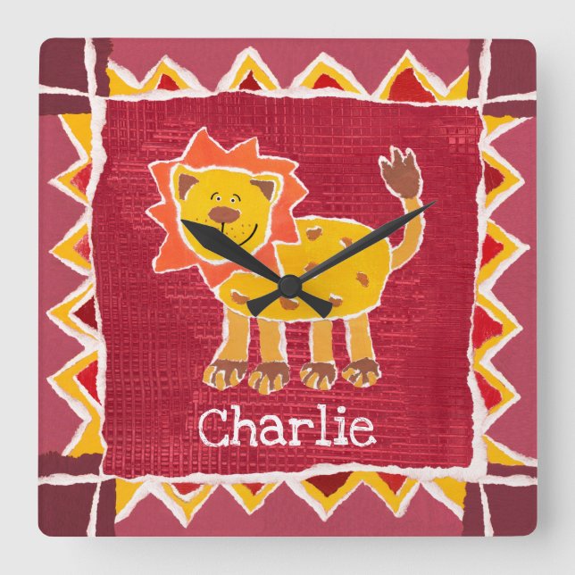 Relógio Quadrado Impressão de Colagem de Leão Personalizado (Frente)