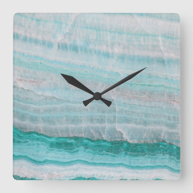 Relógio Quadrado Impressão de Onda de Pedra Granita Turquesa (Frente)