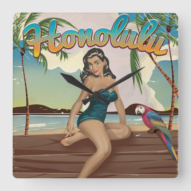 Relógio Quadrado Impressão de viagem retrô vintage Honolulu (Frente)