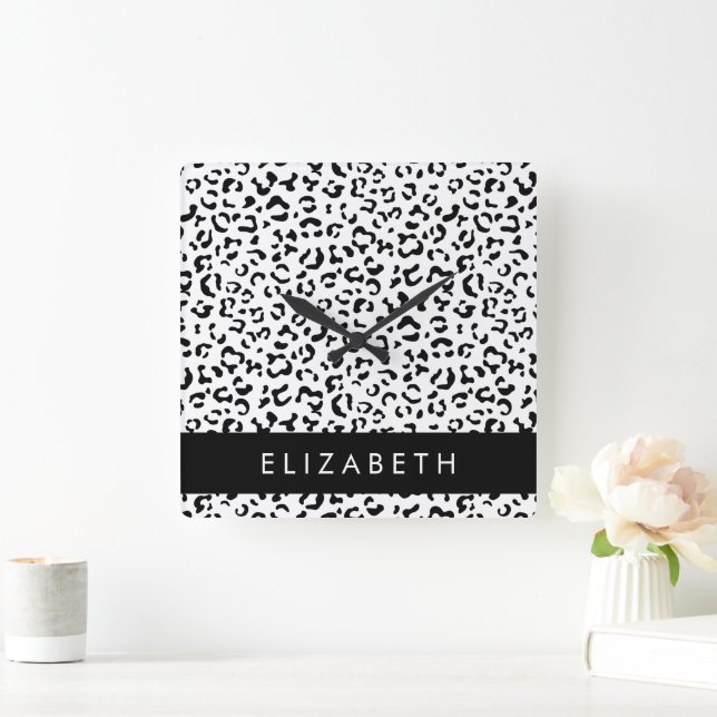 Relógio Quadrado Impressão Leopardo, Manchas, Preto E Branco, Seu N (Lar)