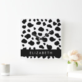 Relógio Quadrado Impressão, Pontos De Vaca, Preto E Branco, Seu Nom