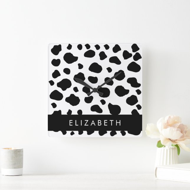 Relógio Quadrado Impressão, Pontos De Vaca, Preto E Branco, Seu Nom (Lar)