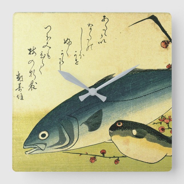 Relógio Quadrado Inada e Fugu - Squ de Peixe Japonês de Hiroshige (Frente)