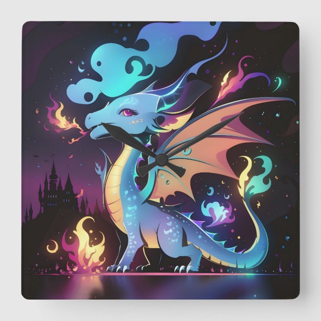 Relógio Quadrado Incêndio de Dragão Encantado (Frente)