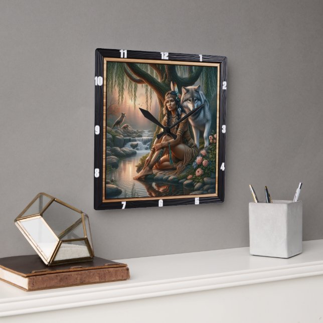 Relógio Quadrado Incêndio Nativo Sagrado: Pedras Aguardam Calma (Escritório)