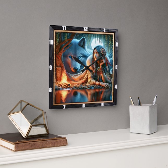 Relógio Quadrado Inclinabilidade Nativa: Calma de Borda do Rio (Escritório)