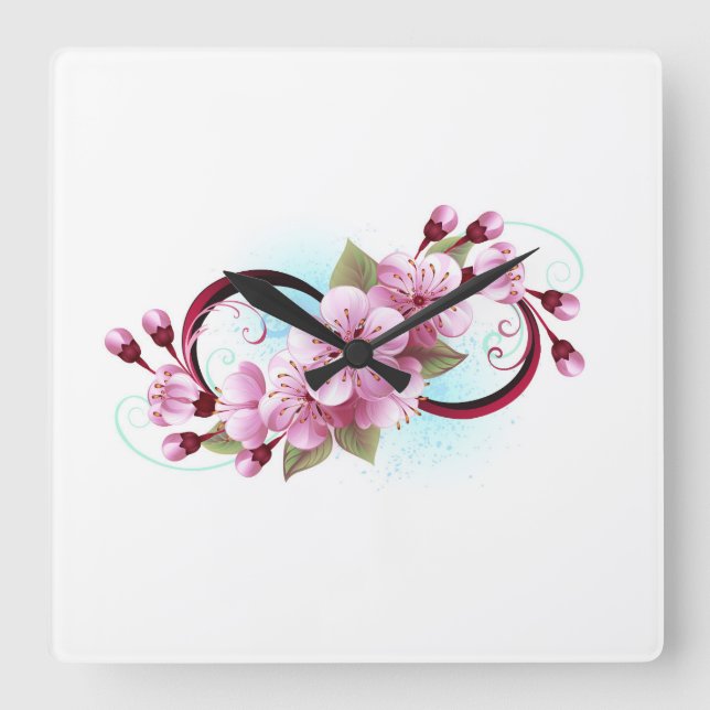 Relógio Quadrado Infinidade com Flores de Flor Sakura (Frente)