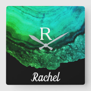 Relógio Quadrado Iniciais do Monograma de Agate Geode Nome Modelo V