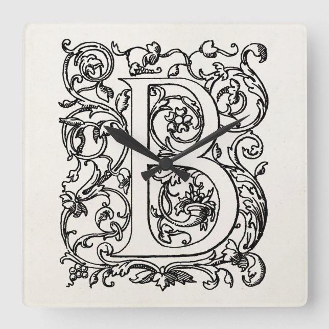 Relógio Quadrado Iniciais do pergaminho "B" do monograma da letra B (Frente)