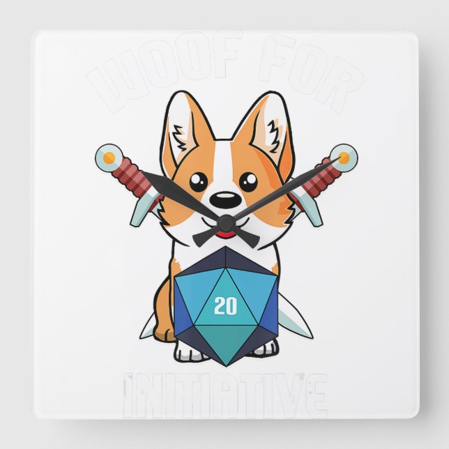 Relógio Quadrado Iniciativa Woof Funny Corgi Dog D20 Rpg Gamer Gif (Frente)