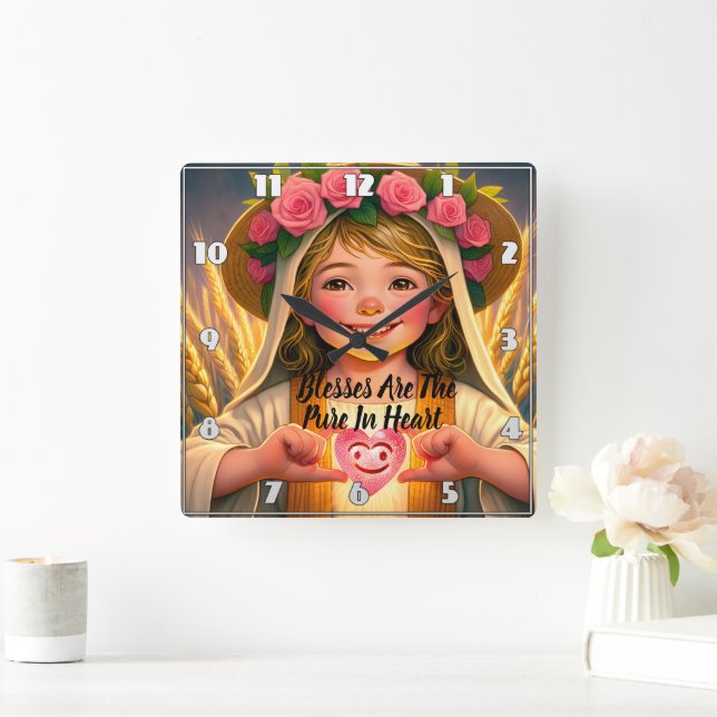 Relógio Quadrado Inocência Captada: Menina Tendento Segurando H (Lar)