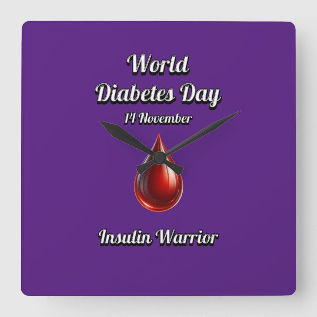Relógio Quadrado Insulin Warrior Dia Mundial da Diabetes. (Frente)