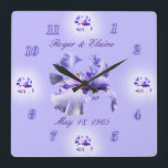 Relógio Quadrado Iris Anniversary Clock- customize & personalize<br><div class="desc">This beautiful clock is a great gift choice for those having an anniversary or anyone that loves flowers; especially iris or the color purple. Change the words as you wish OR delete them and enjoy it "beautifully plain". I have cards and gift items in several of my categories including MOTHER...</div>