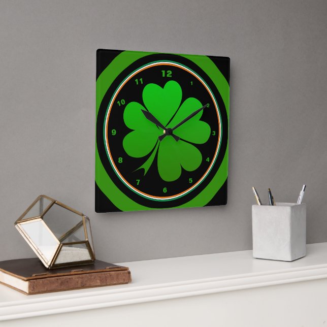 Relógio Quadrado Irish Flag, Shamrock, Ireland Home, Rua Patrick (Escritório)