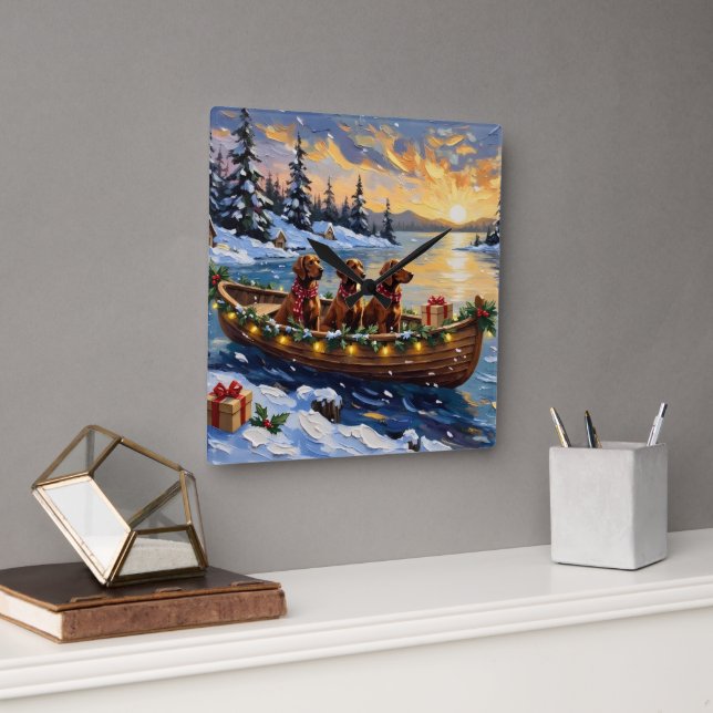 Relógio Quadrado Irish Red Setter Christmas Boat Holiday (Escritório)