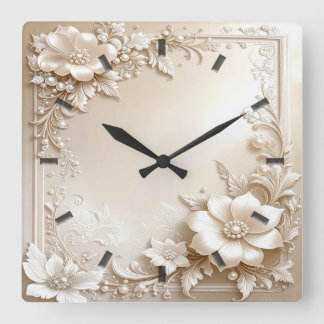 Relógio Quadrado Ivory Flowers Wall Clock