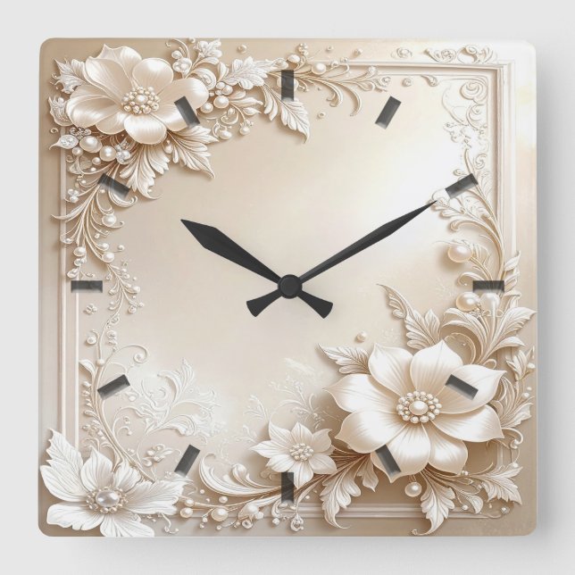 Relógio Quadrado Ivory Flowers Wall Clock (Frente)