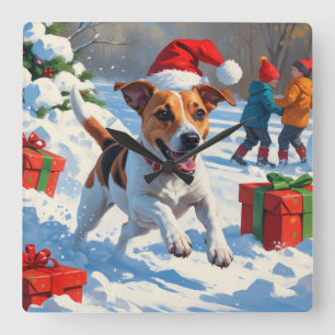 Relógio Quadrado Jack Russell correndo em neve com chapéu de Natal