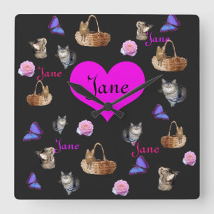 Relógio Quadrado Jane Name Com Gatos E Borboletas,