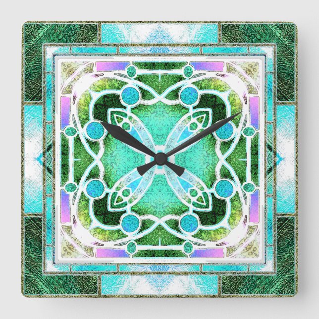 Relógio Quadrado Janela Catedral de Vidro Estreita em Verde e Casa (Frente)