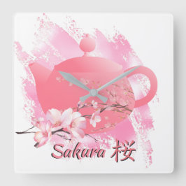 Relógio Quadrado Japanese Sakura Teapot Wall Clock 