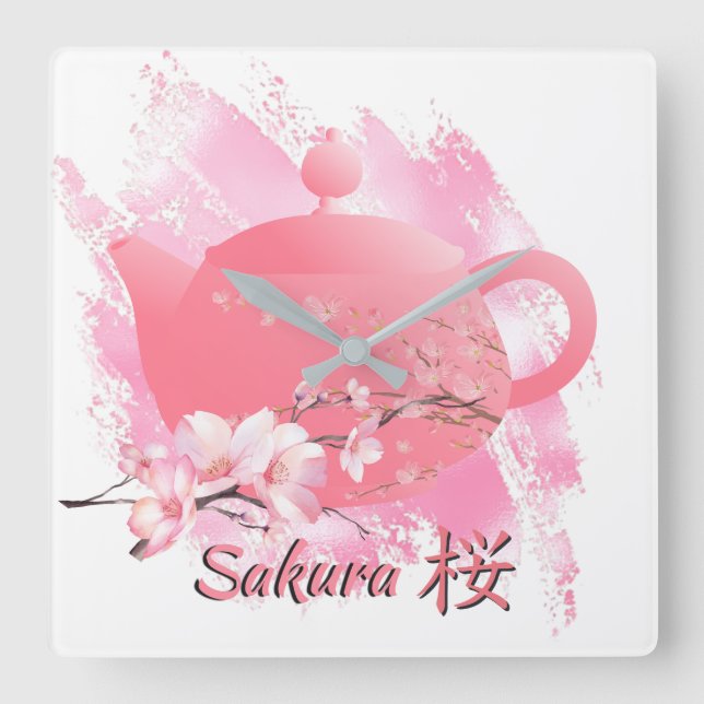 Relógio Quadrado Japanese Sakura Teapot Wall Clock  (Frente)