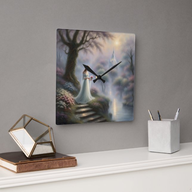 Relógio Quadrado Jardim Castelo Encantado Com Princesa (Escritório)