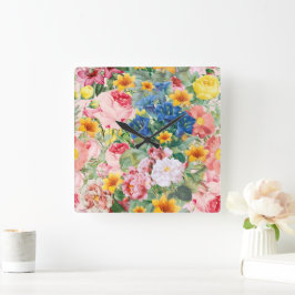 Relógio Quadrado Jardim Colorido de Flores - Almofada Floral Boho