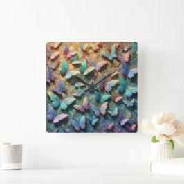 Relógio Quadrado Jardim de Borboletas Iridescentes Mousepad