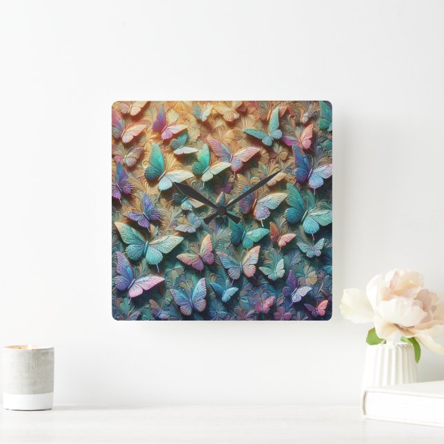 Relógio Quadrado Jardim de Borboletas Iridescentes Mousepad (Lar)