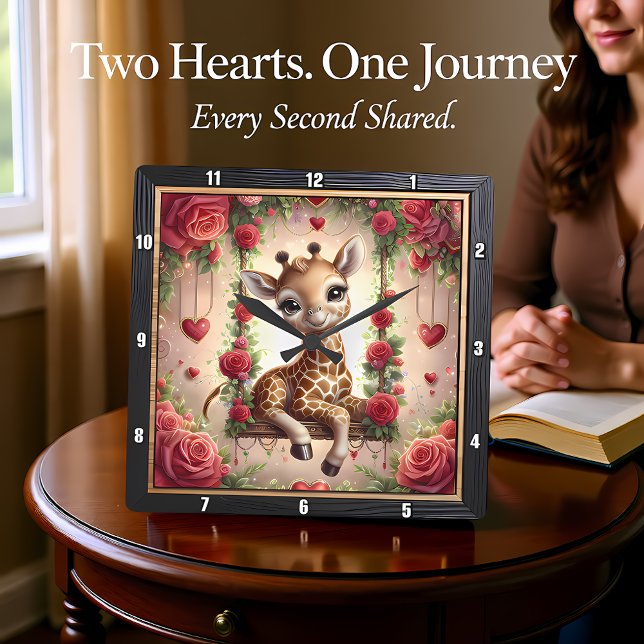 Relógio Quadrado Jardim de Rosas da Girafa Bebê (Criador carregado)
