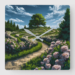 Relógio Quadrado Jardim de Rosas Sereno e Parede de Paisagem com Ár