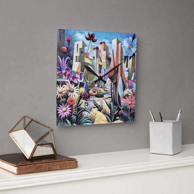 Relógio Quadrado Jardim Surreal - Ilustração Floral design 1 (Escritório)