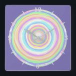 Relógio Quadrado Jawbreak Slice Candy<br><div class="desc">Relógio de Arte de Parede Quadrado e acessório casual divertindo-se com decoração, com a ilustração do trabalho de arte do Jawbreak Candy Slice, de TheFabricSeal em Zazzle.com, é um design de corte divertido e colorido com cores circulares pastéis do arco-íris e além. Tons de paleta colorida de rosa, roxo, amarelo,...</div>