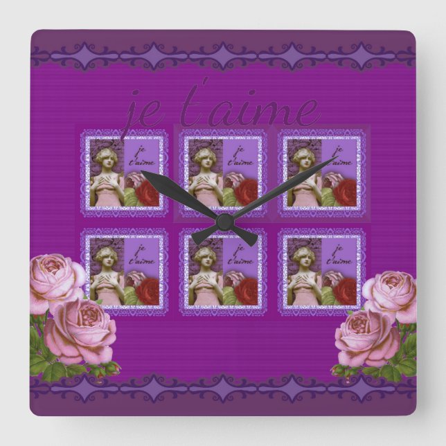 Relógio Quadrado Je T’aime Purple Rapariga Romântica Collage (Frente)