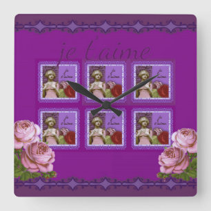 Relógio Quadrado Je T’aime Purple Rapariga Romântica Collage