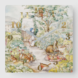 Relógio Quadrado Jemima Puddle Duck no Jardim do Sr. Mc Gregor